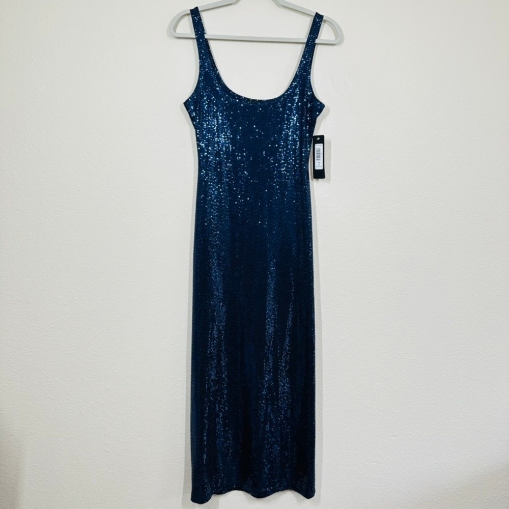 Bebe Women's Size Small Navy Blue Sequin Scoop Neck Maxi Dress Side Slit Party